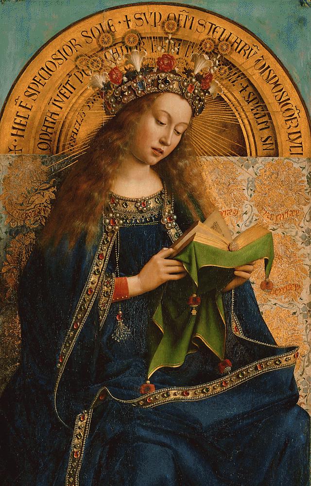 Virgin Mary, detail from the Ghent Altarpiece, Hubert van Eyck, Jan van Eyck, 1432, St Bavo’s Cathedral, Ghent, Belgium