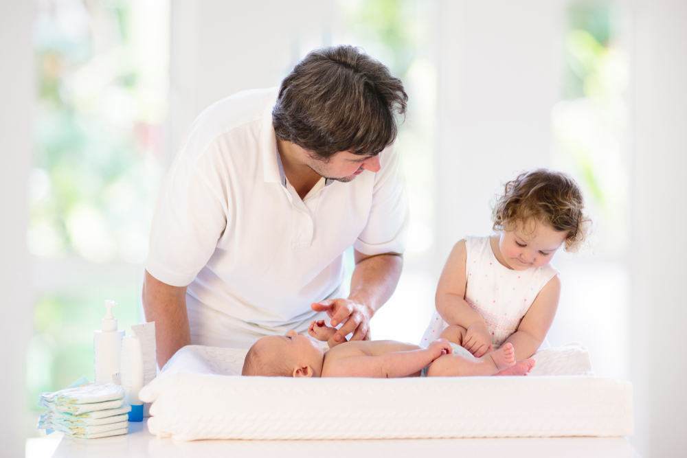 Dad, Diaper, Baby, Help, Sister, Brother